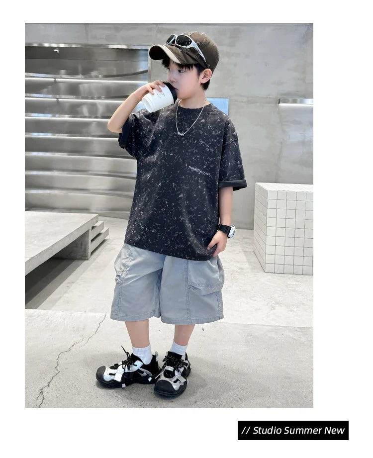 Summer Suit for Boy with Shorts Two Piece Clothing Set Kids Child Cotton Top and Bottom Clothes Set Casual Outfit Tracksuit 5-14