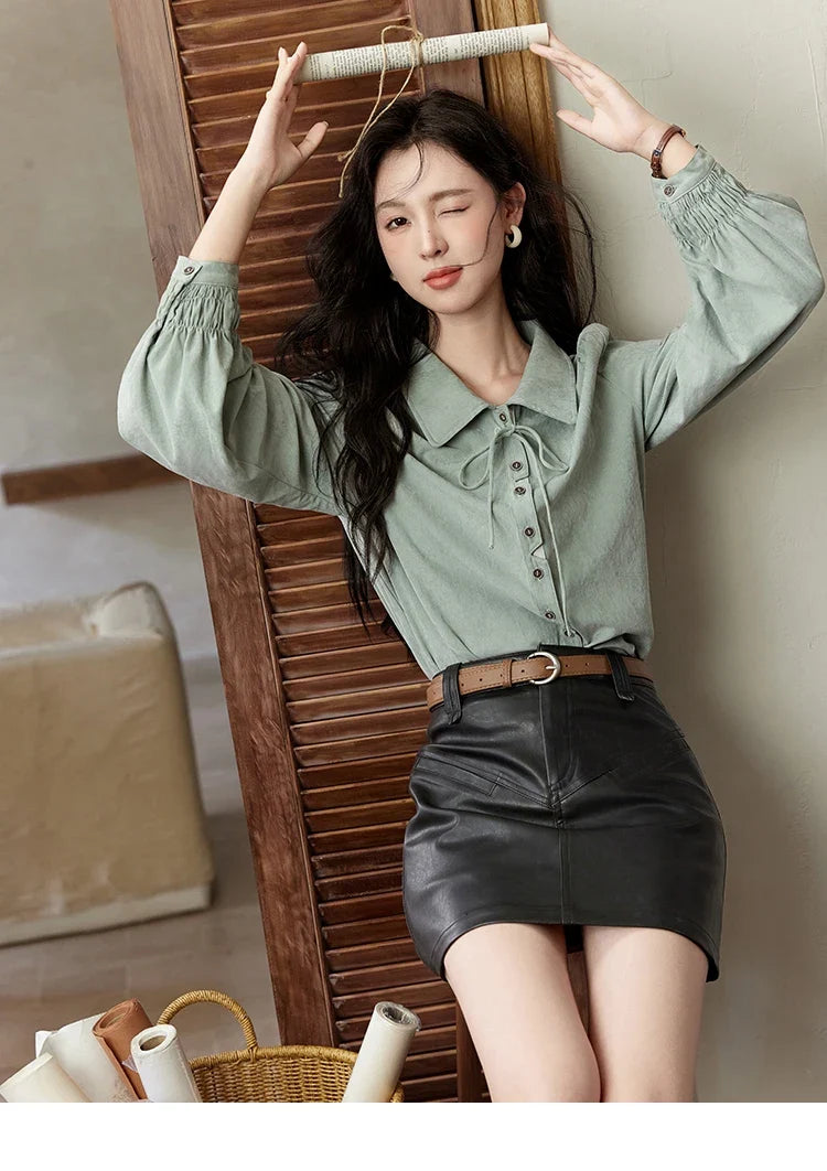 Vintage Green Blouse Women French Lapel Bow Lace-up Top 2025 Autumn Sweet Shirt Sleeve Outwear Commute Shirts MXD44C0337