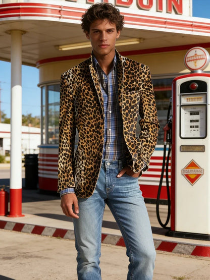Men's Leopard Print Velvet Blazer Classic Fit Stylish Long Sleeve Notched Lapel Suit Jacket for Nightclub Wedding Streetwear