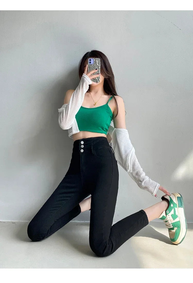 New Women's High Waist Stretch Jeans Blue Black Gray Fashionable and Versatile Multi-button Popular Slim Denim Long Pants Female