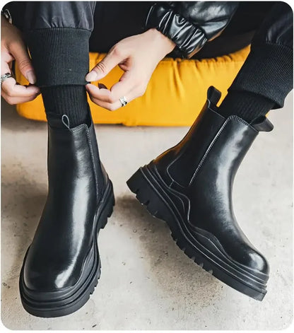 Fashion Mens Sheoes Platform Chelsea Boots Thick Bottom Split Leather Ankle Boots Male Footwear Round Toe Short Boots