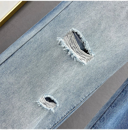 High Waist Wide Leg Jeans Women's Summer Loose Slimming Diamond Embedded Long Pants Break Hole Denim Pants Hong Kong Sle ...