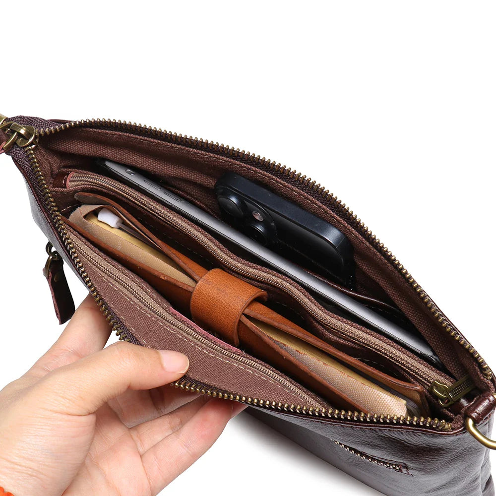 Timeless Vintage Leather Clutch Wallet - Luxurious Genuine Leather, Secure Zipper, Stylish Wristlet for Women