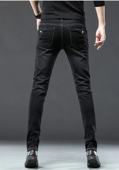 Classic Slim Vintage Fashion Men's Designer Jeans Snowflake Grey Wash Korean Fashion Stretch Pants Multi-button Denim Trousers