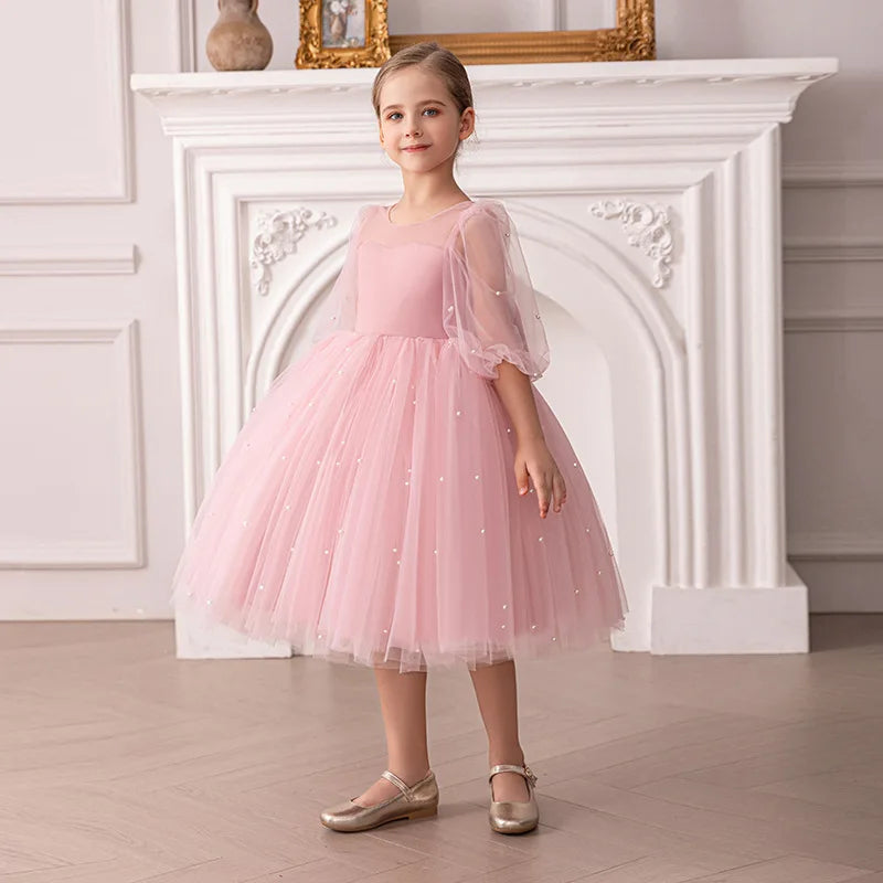 Summer New Girl 4-8Y Seven Sleeve Puff Skirt Dreamy Children's Dress Birthday Party Flower Girl Princess Dress