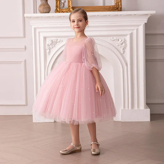Summer New Girl 4-8Y Seven Sleeve Puff Skirt Dreamy Children's Dress Birthday Party Flower Girl Princess Dress