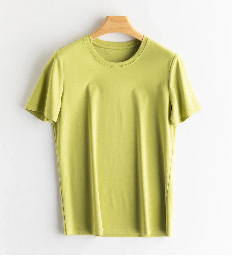6% Real Silk Cotton Modal Women's T-shirt 2026 Summer Tees Short Sleeve Solid Tee Shirts V-neck Casual Woman Basic T shirt Tops