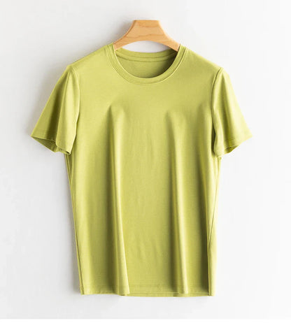 6% Real Silk Cotton Modal Women's T-shirt 2026 Summer Tees Short Sleeve Solid Tee Shirts V-neck Casual Woman Basic T shirt Tops