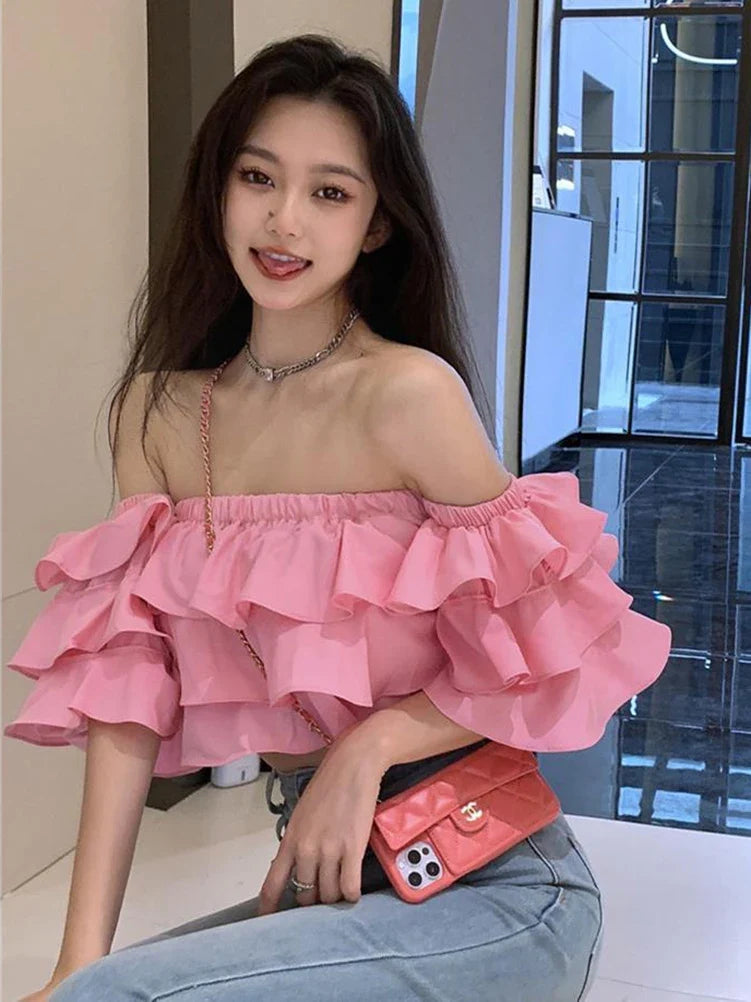 Off Shoulder Fashion Woman Blouse Stacked Ruffles Crop Top Shirt Summer Designer Short Sleeve Chiffon Sexy 2023 New