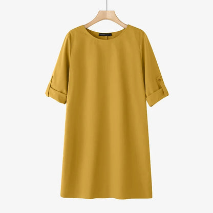 Elegant Women Party Dress 2026 Summer Fashion 3/4 Sleeve Casual Shirt Vestidos Pockets Loose Solid Knee-length Sundress