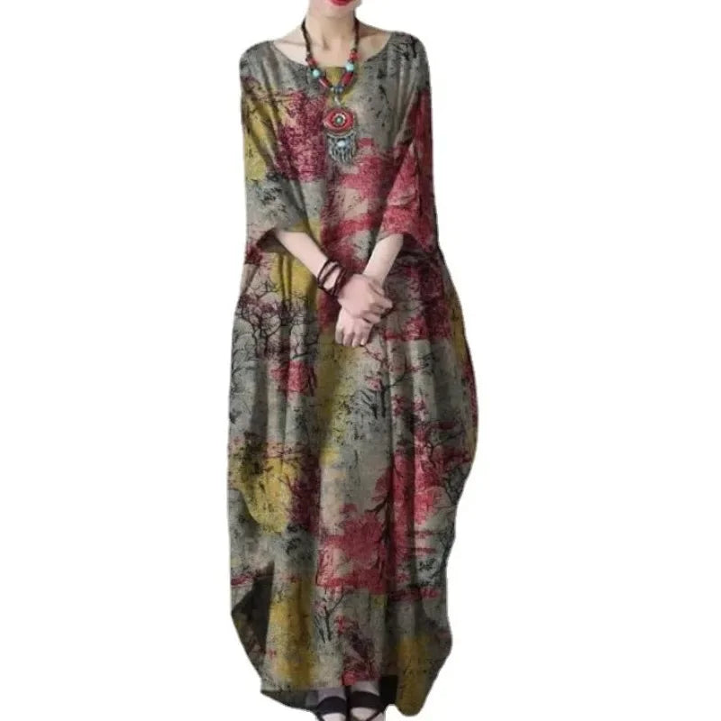 2022 New Loose Printed Cotton Linen Round Neck Long Sleeved Vintage Oversize Dress Women Boho Long Maxi Dress