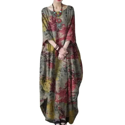 2022 New Loose Printed Cotton Linen Round Neck Long Sleeved Vintage Oversize Dress Women Boho Long Maxi Dress
