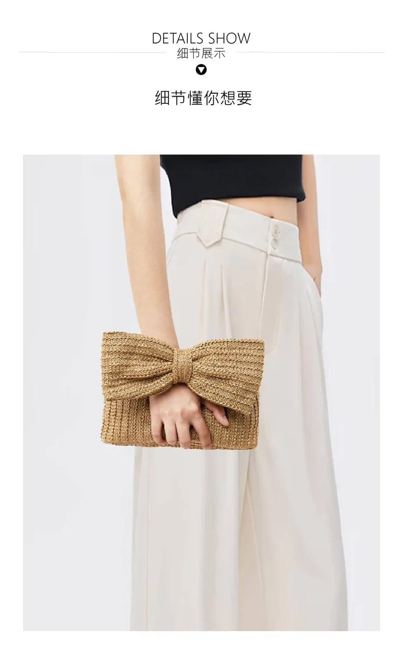 Summer Straw Woven Clutch Bag Women Bow Purse Vacation Beach Tote Party Wedding 2024 New Luxury Design Zipper Evenging Handbags