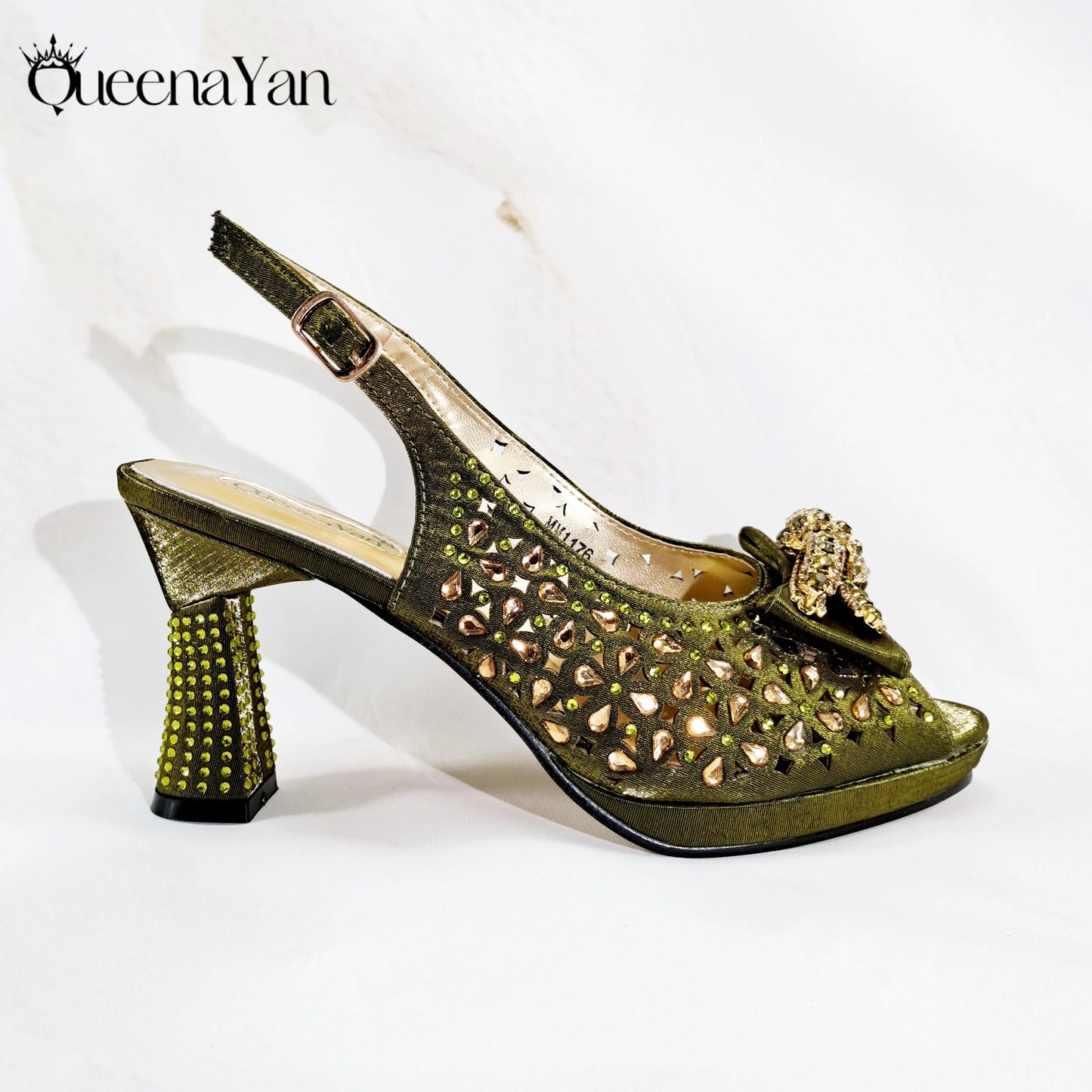 2025 Elegant Women's Peep-Toe Heels and Matching Olive Color Diamond Pumps Set Stylish Italian Shoes and Bags for Parties