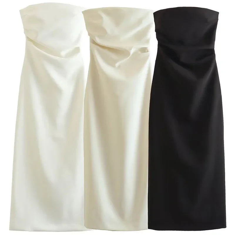 2025 Womens Strapless Dresses Summer Off White Black White Dress Midi Ruffled Off Shoulder Backless Dress Prom Vestidos 066