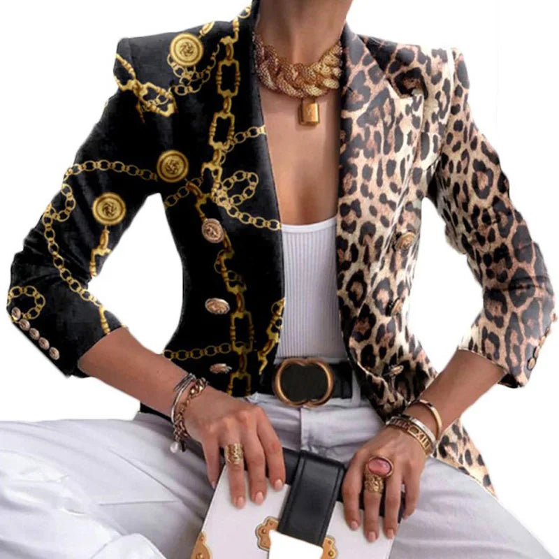 Long Sleeve Button Patchwork Simple Outerwear, Women Spring Autumn Turn-Down Collar Chic Coats, New Print Fashion Ladies Blazers