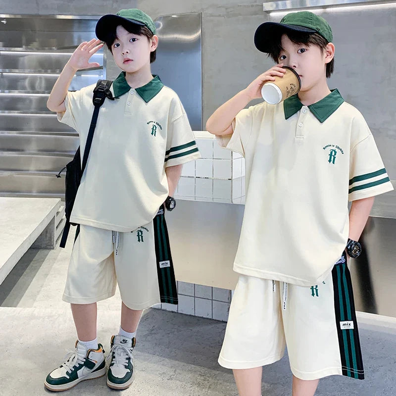 Boys Set Summer Children Clothing Korean Style Costumes Cotton Polo Shirt Shorts 2pcs Kids Casual Outfits Tracksuit Age 5-14 Y