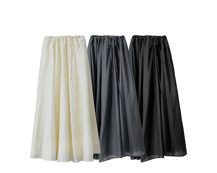 Minimalist New Summer Knee Length A-line Skirt Women Adjustable Drawstring Solid Color Commuting Style Loose Skirt 12522025