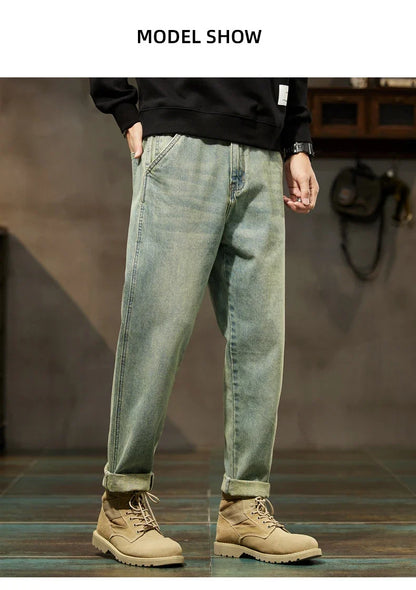 Men's Spring 2026 Loose Harem Pants Denim Retro Solid Comfortable Harajuku Straight Jeans Simple Fashion Versatile Cargo Trouser