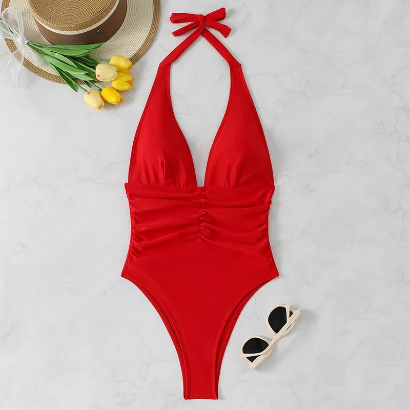 Halter Top Bathing Suit Woman Swimsuits One Piece Swimwear Women's  2026 Trend V Neck Beachwear Female Monokini Summer Bodysuit