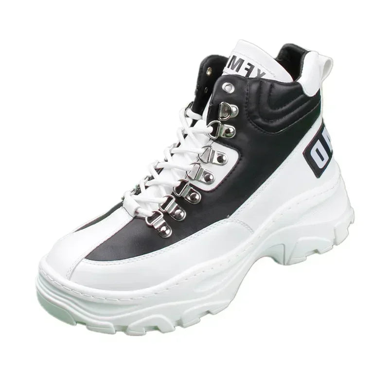 White High Top Board Boots for Men Thick Soled Men Boots with Elevated Height Inside Outdoor Casual Versatile High-top Shoes