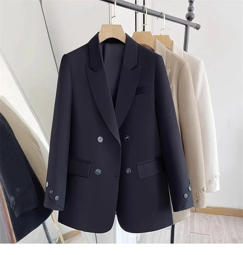 Women Blazers 2025 New Spring Autumn Loose Casual Suit Jackets Double Breasted Suit Collar Fashion Chic Cuff Design Female Tops
