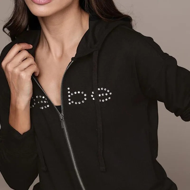 Y2k Rhinestone Bebe Print Oversize Hooded Sweatshirt Vintage Street Zip Hoodies Pink Jogging Woman Top Gothic Long Sleeve Jacket