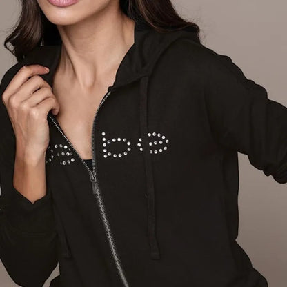 Y2k Rhinestone Bebe Print Oversize Hooded Sweatshirt Vintage Street Zip Hoodies Pink Jogging Woman Top Gothic Long Sleeve Jacket