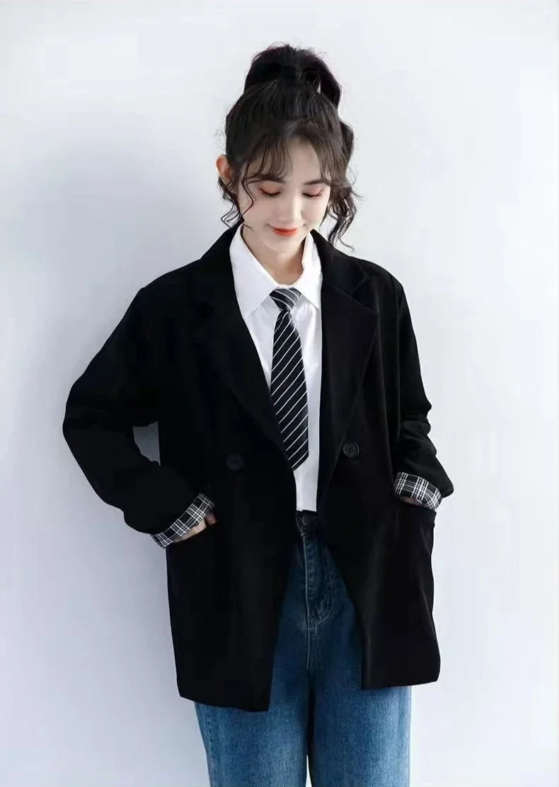 Petite Women's Spring Autumn Black Rolled Cuffs Blazer New Arrival Loose Vintage Casual Plaid Korean Style Chic Suit Jacket
