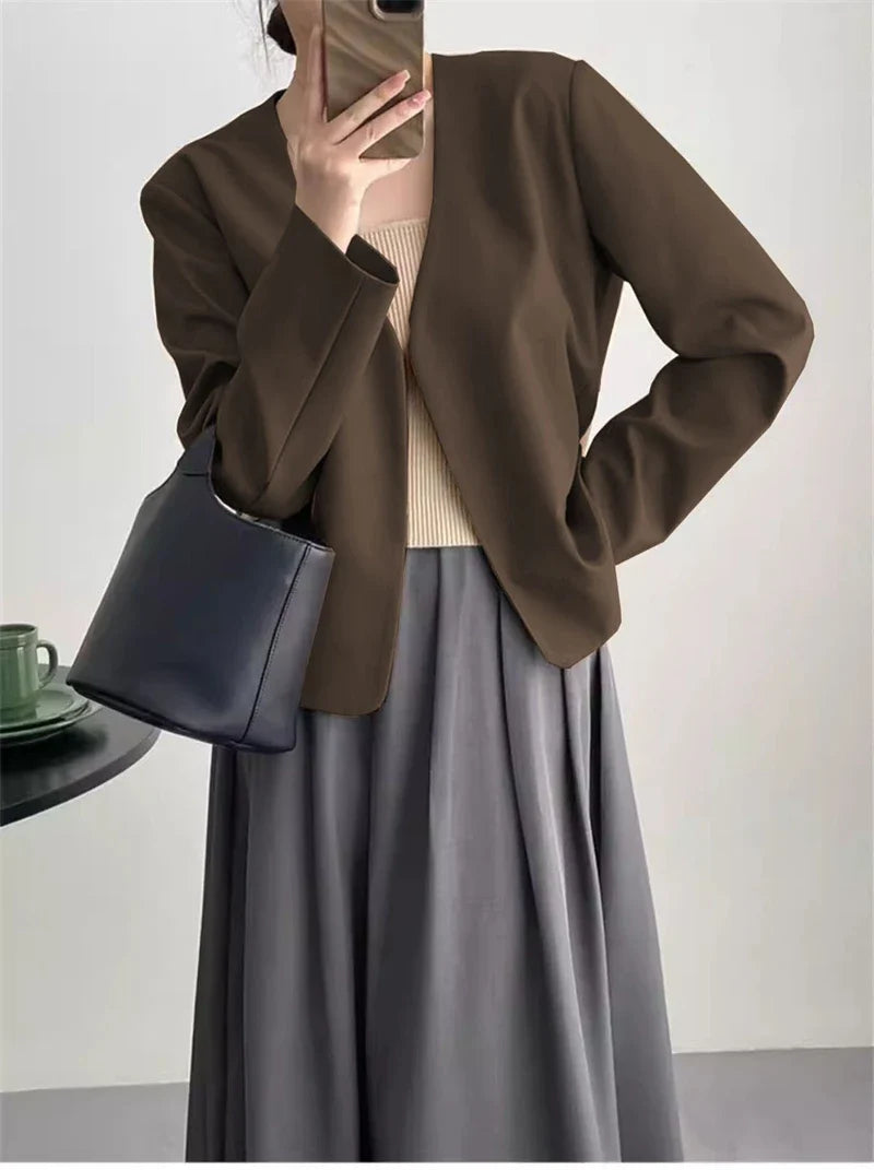 2025 Spring Autumn Fashion New Women's Suit Jackets Solid Short Coats Korean Blazers Long Sleeve Cardigan Coat Without Placket