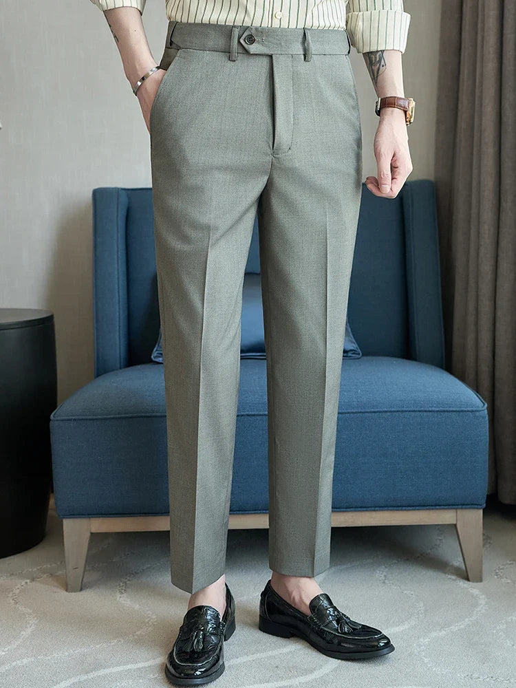 British Style Elastic Waist Men's Casual Slim Fit Trousers Summer High Quality Business Office Dress Wedding Party Suit Pants