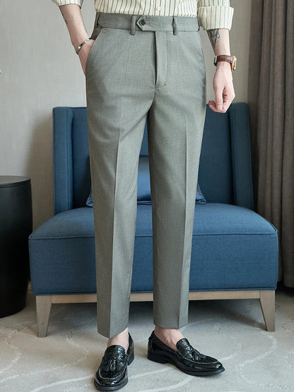 British Style Elastic Waist Men's Casual Slim Fit Trousers Summer High Quality Business Office Dress Wedding Party Suit Pants