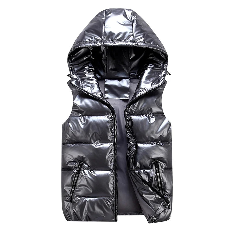 Classic Hooded Vest Man/Woman/Child Winter Hooded Glossy Cotton Vest Casual Waistcoat Men's Sleeveless Jacket Warm Overcoats Hat