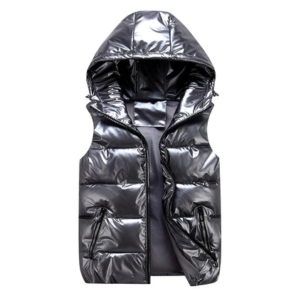 Classic Hooded Vest Man/Woman/Child Winter Hooded Glossy Cotton Vest Casual Waistcoat Men's Sleeveless Jacket Warm Overcoats Hat