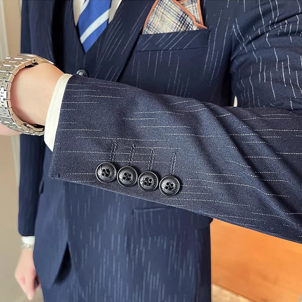 ( Blazer + Vest + Pants ) High-end Formal Casual Business Striped Fashion Men's 3 Piece Suit Groom Wedding Dress Suit