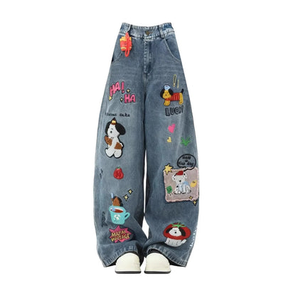 Retro American Cartoon Floing Embroidery Jeans Men Women Cleanfit Waed Loose Wide Leg Pants Couples Casual Loose Fit