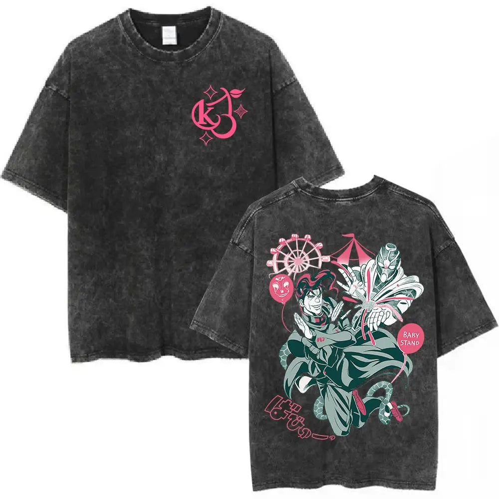Anime Jojo Bizarre Adventure Washed T-shirt STEEL BALL RUN Diego Brando Manga T-shirts Men Women Cotton Casual Oversized T shirt