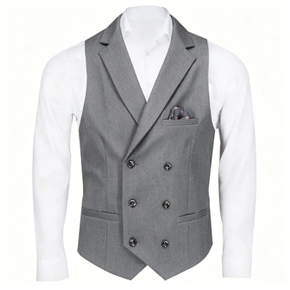 Men Vest Black Solid Double Button With Lapel Waistcoat For Business Wedding Party Banquet Prom Daily Casual Men Suit Vest