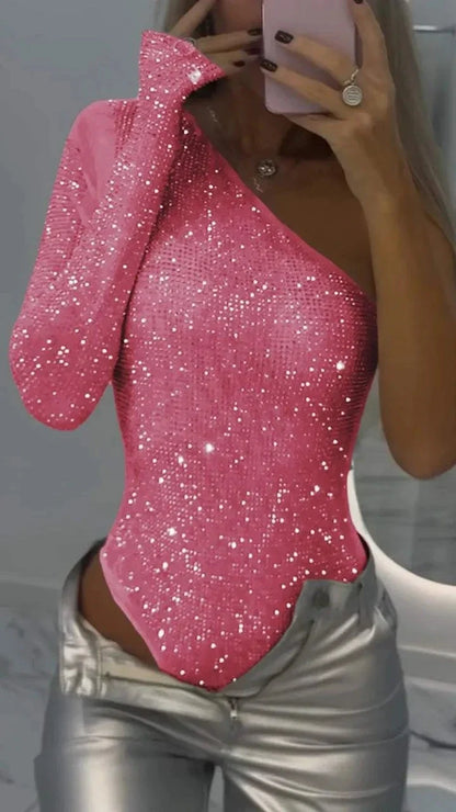 Spice Girls Sexy Sequin Jumpsuit Skew Collar Off-shoulder Single Shoulder Long Sleeved Bodysuits Summer Fashion Rhinestone Tops
