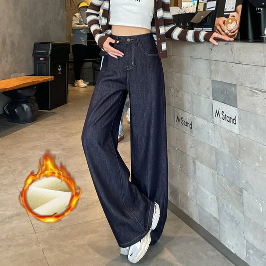 Wide Legs Fleece Jeans Women Winter Loose Velvet Casual Pants Comfortable Warm Straight Fashion Pocket Plush Denim Trousers