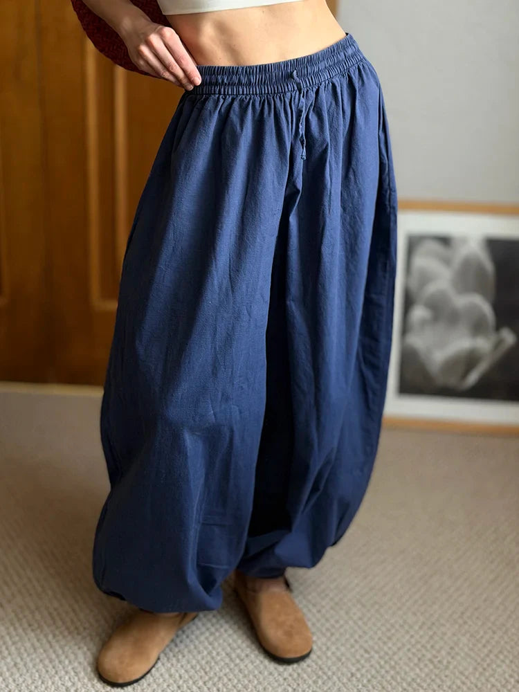 Summer Cotton Oversized Pants For Women Blue Baggy Aladdin Trousers Elastic Bloomers Navy Blue Cropped Lantern Harem Pants Woman