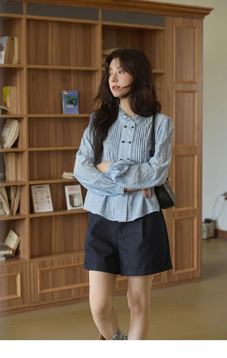 Women's Shirt 2025 Autumn Blue Polka Dot Chiffon Loose Shirt Stand Collar Double Row Buckle Lantern Sleeve Top MXE41X1926