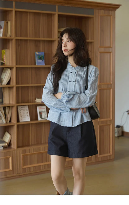 Women's Shirt 2025 Autumn Blue Polka Dot Chiffon Loose Shirt Stand Collar Double Row Buckle Lantern Sleeve Top MXE41X1926