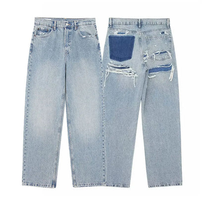 2024 Women's Street Fashion Denim Blue Jeans Distressed Patchwork High Waist Zipper Fly Ripped Retro Long Pants