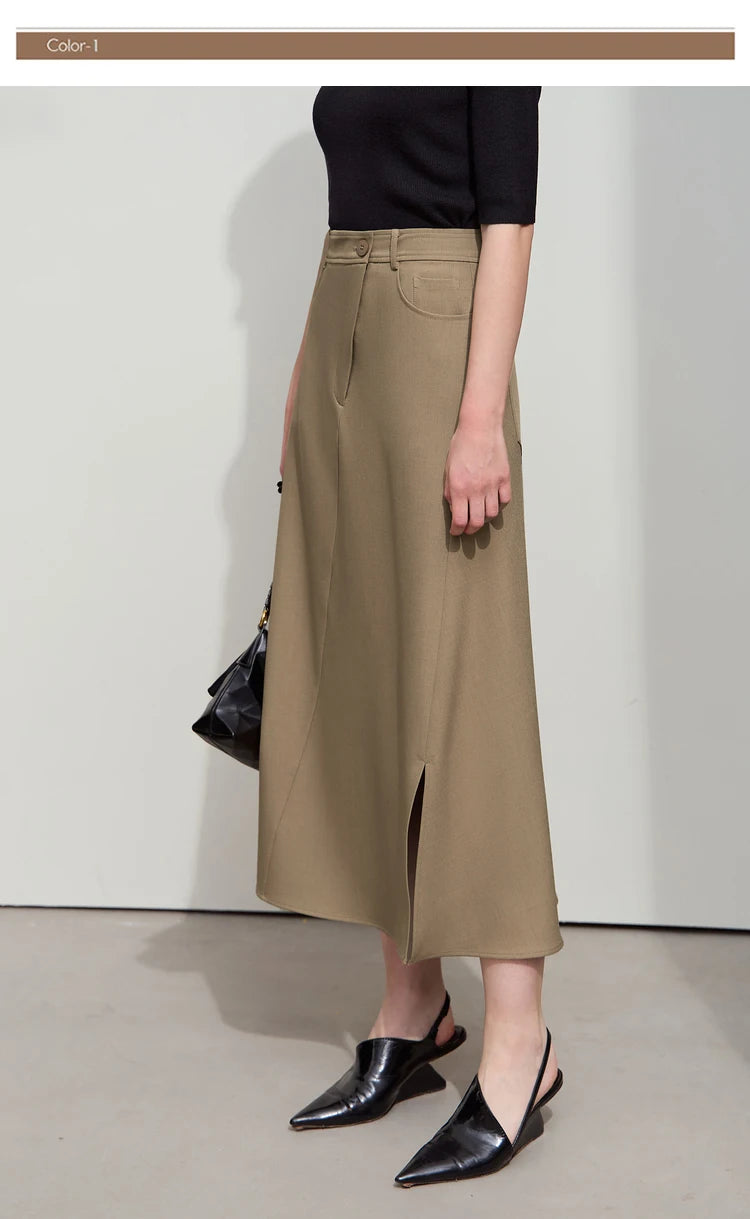 Minimalist Autumn New Commuter Asymmetrical Oblique Placket Split Skirt Non Ironing Anti Wrinkle A Shape Skirt 12551003