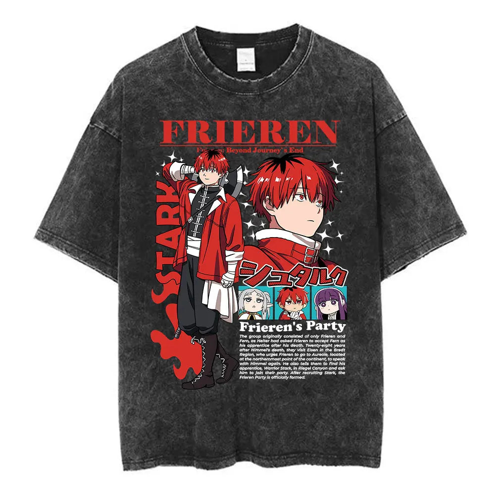 Anime Frieren: Beyond Journey's End Graphic Washed Vintage T-shirt Men's Women Fashion Short Sleeve Cotton Casual Loose T Shirts