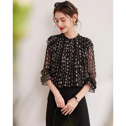 2024 Sweet Printed Stand up Collar Shirt Autumn Edition Gentle Bubble Sleeves Non Elastic Women's Shirt