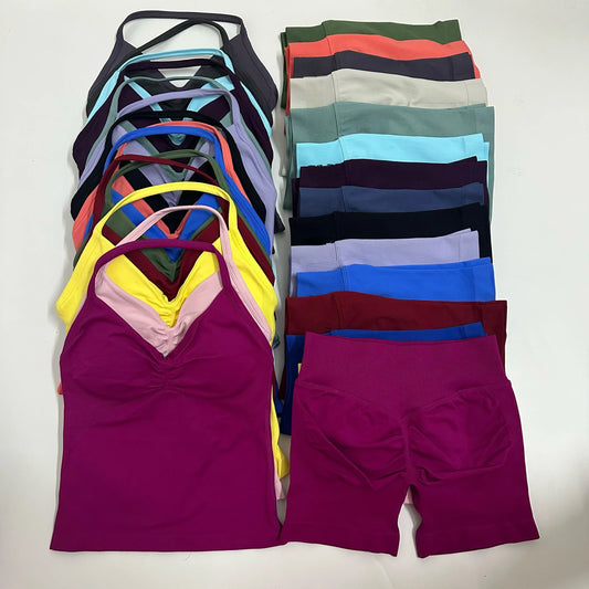 Women Yoga Set Seamless Yoga Longline Strappy Tank Top Scrunch Sports Shorts Gym Clothes Woman Summer Workout Outfit