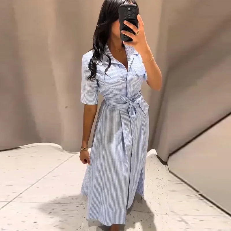 Elegant Women's Striped Long Dress Summer Lace Up Turn-Down Collar Single-breasted Blue A-line Dresses 2026 Lady Holiday Robes