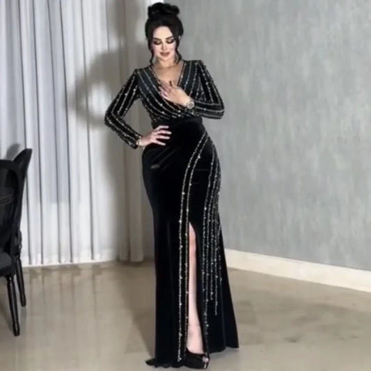 Dream Shiny Beading Evening Dress V-Neck and Long Sleeves Sexy Front Slit Floor Length Mermaid Women Sheath Custom Made Gowns